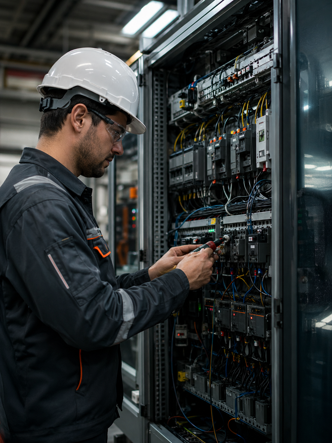 Técnico avaliando painel elétrico industrial