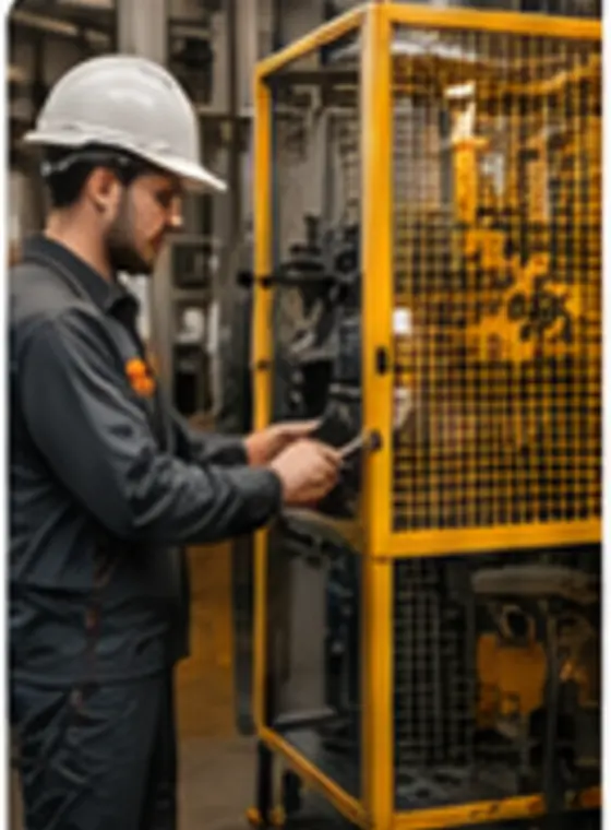 Profissional inspecionando máquina protegida